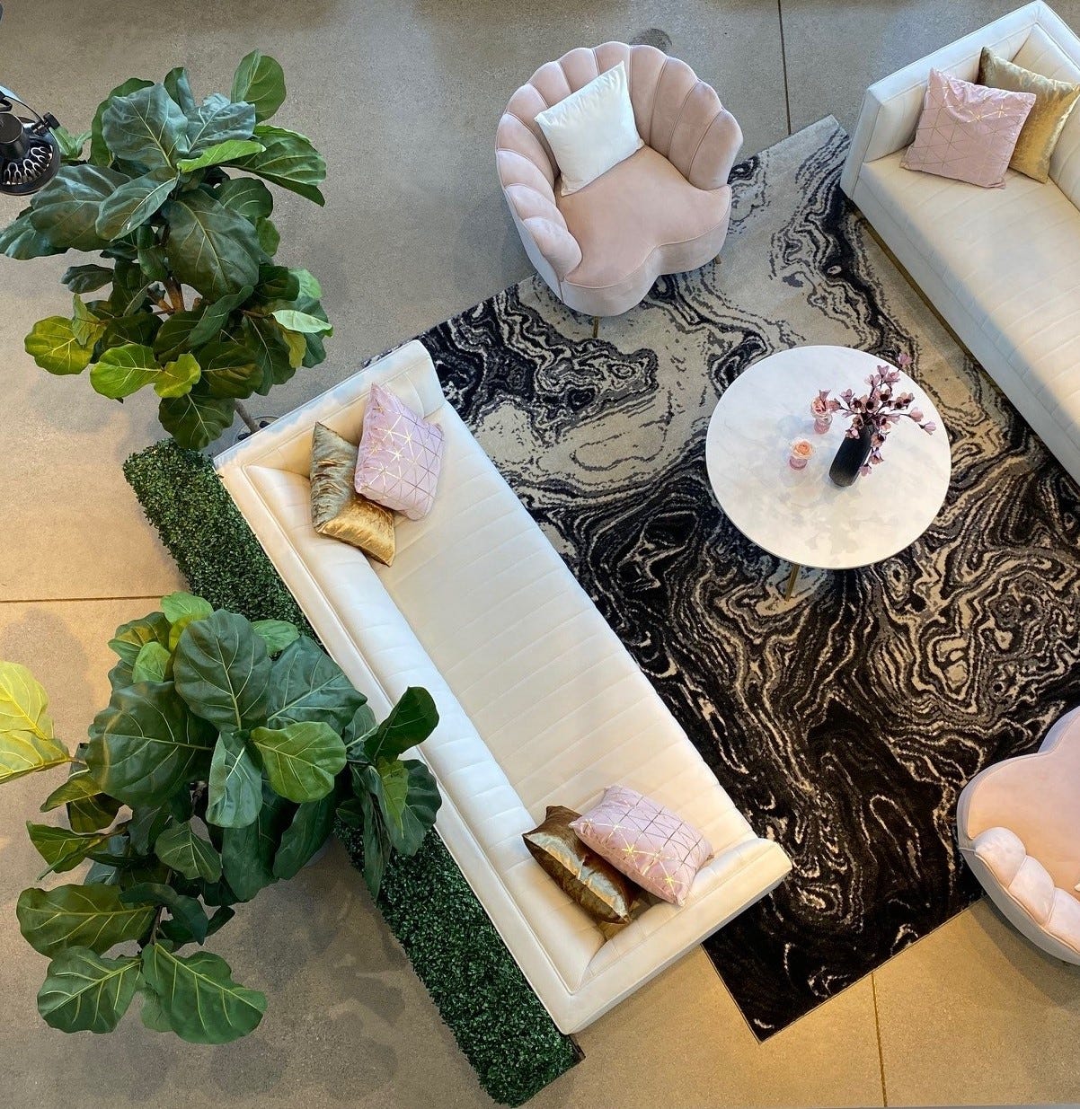 Boxwood Hedge 3'H with Planter, Fiddle Leaf Fig Tree 7’, Libby Chair, White Titan Sofa