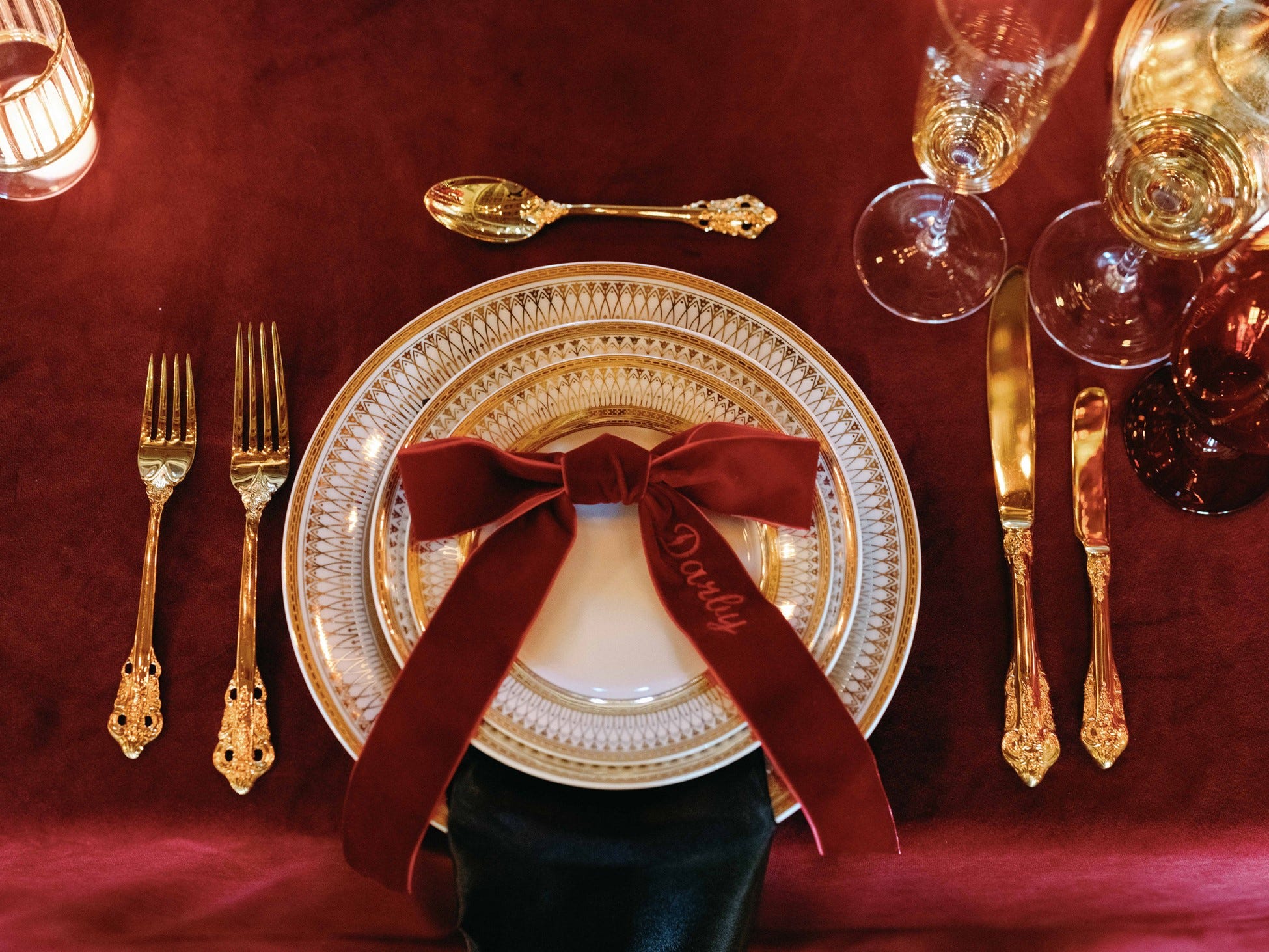 Merlot Velvet Linen Gold Iriana Dinnerware Gold Alice Flatware