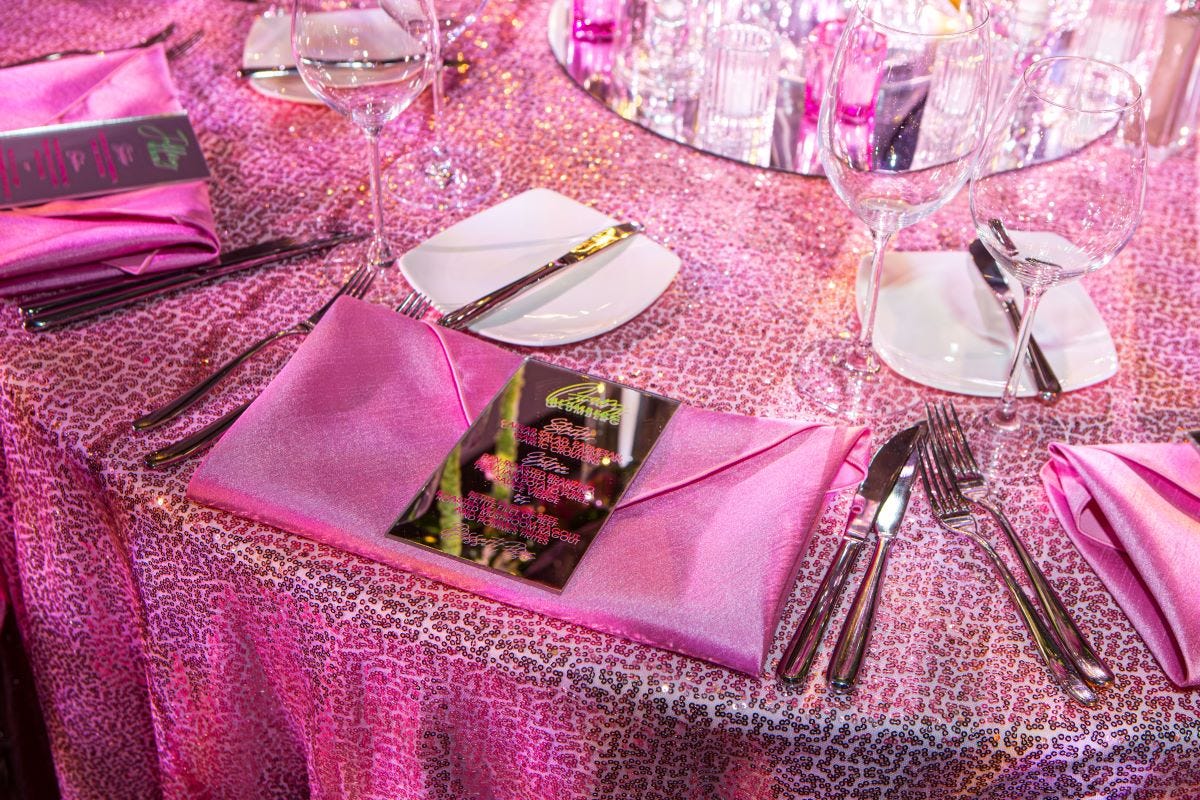 Mitzvah Blush Omni Sequins Linen Table Setting
