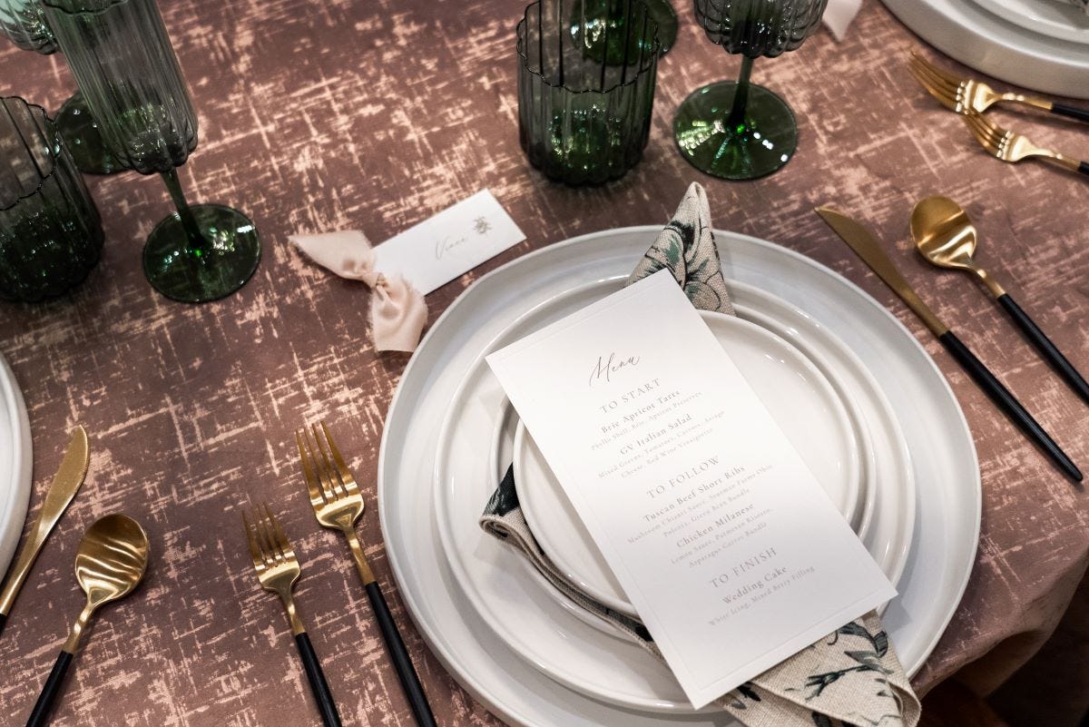 Rose etched velvet linen table setting with Cooper plates and Eclipse flatware